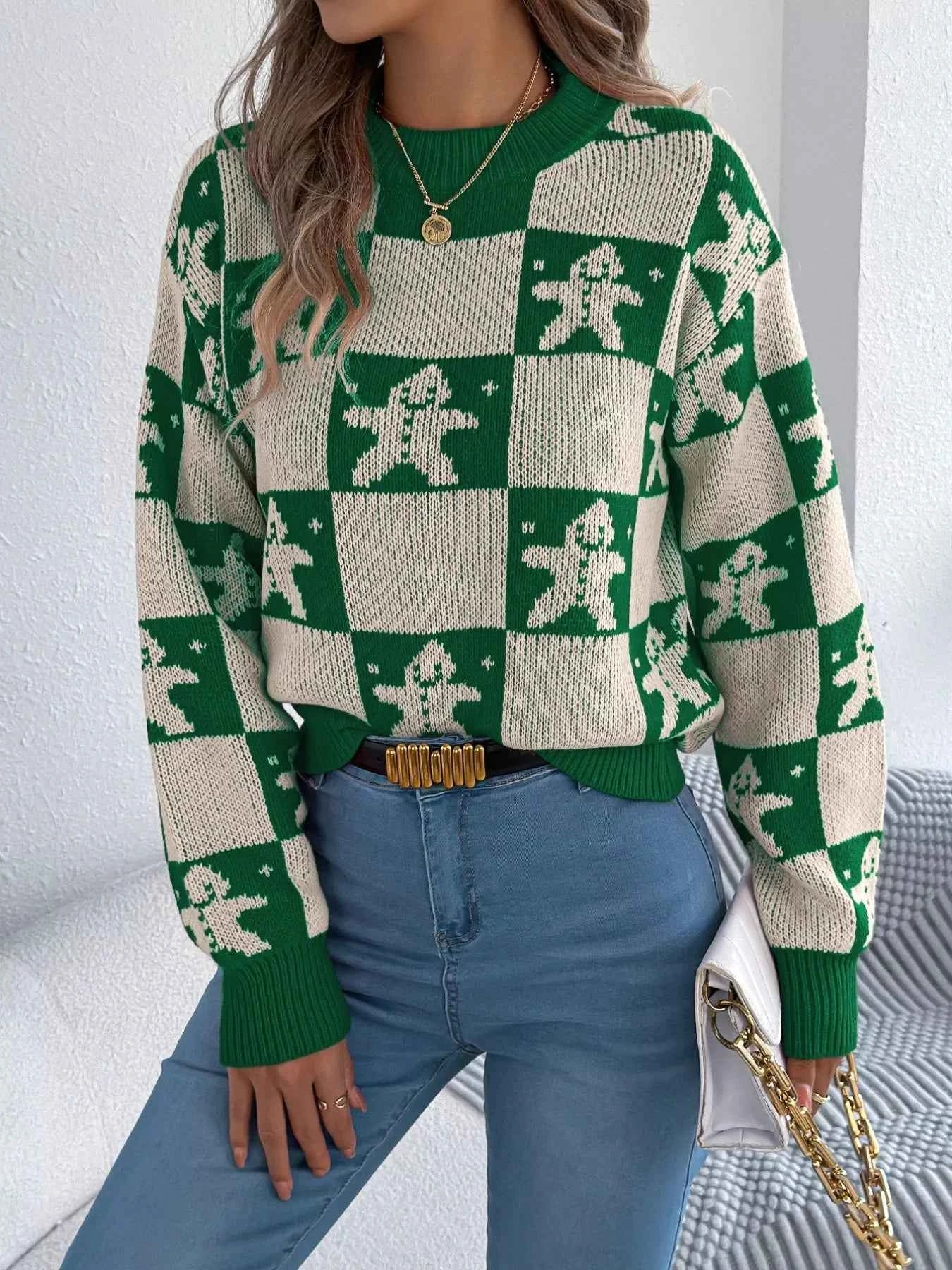 Christmas Checkerboard Gingerbread Round Neck Sweater b8b0dd7f-9f93-47eb-a240-8f19f1ab54a1-Max-Origin