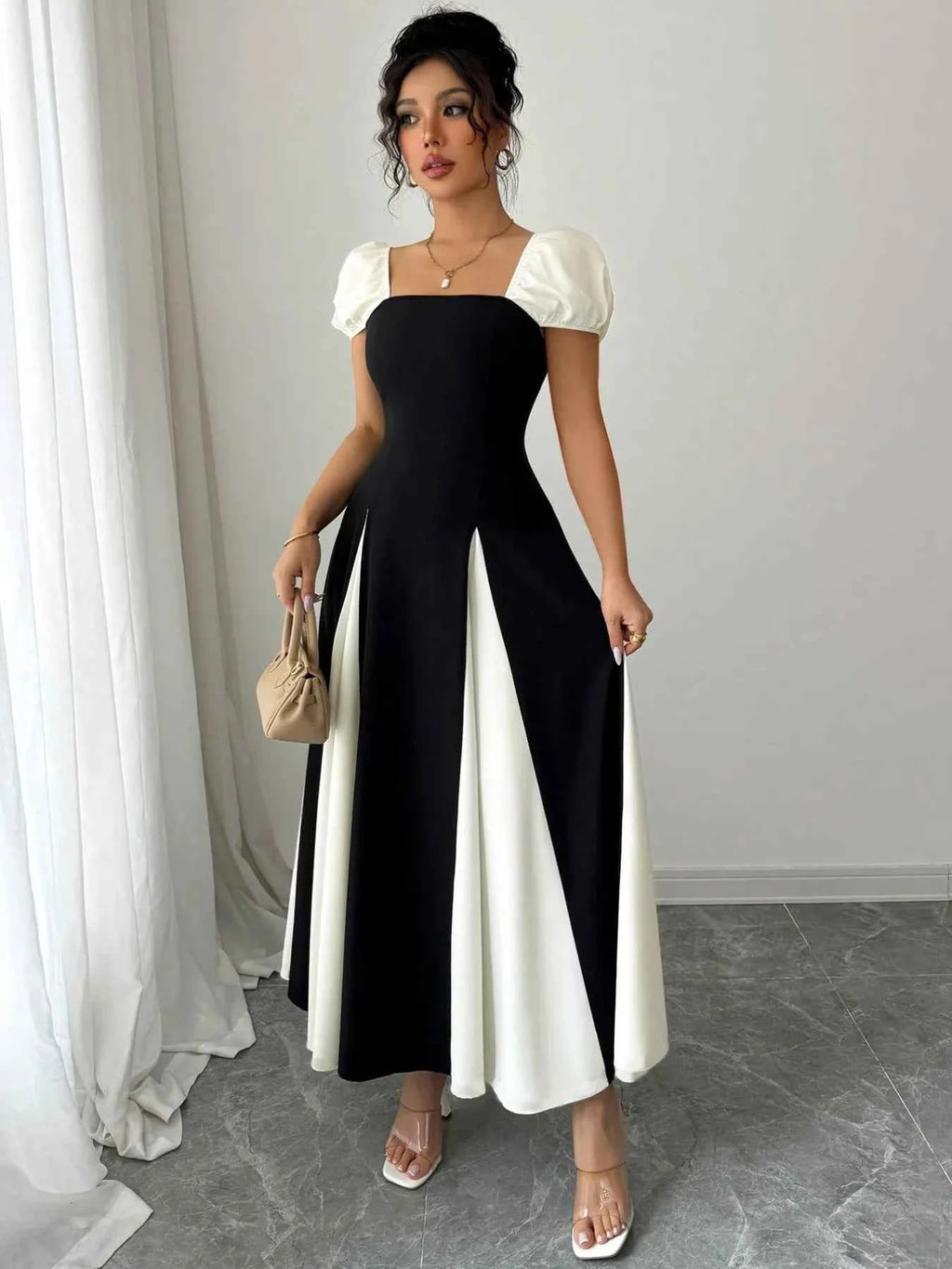 Contrast Puff Sleeve Midi Dress Black b8b25370-22e2-4377-9aeb-e2aaf4fdef61-Max-Origin