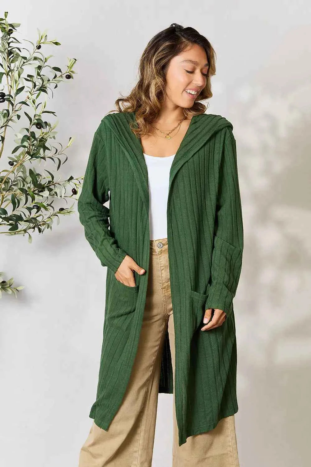 Basic Bae Full Size Hooded Sweater Cardigan Dark Green b8b607e7a3204275a7ad6a8f4372349e-Max