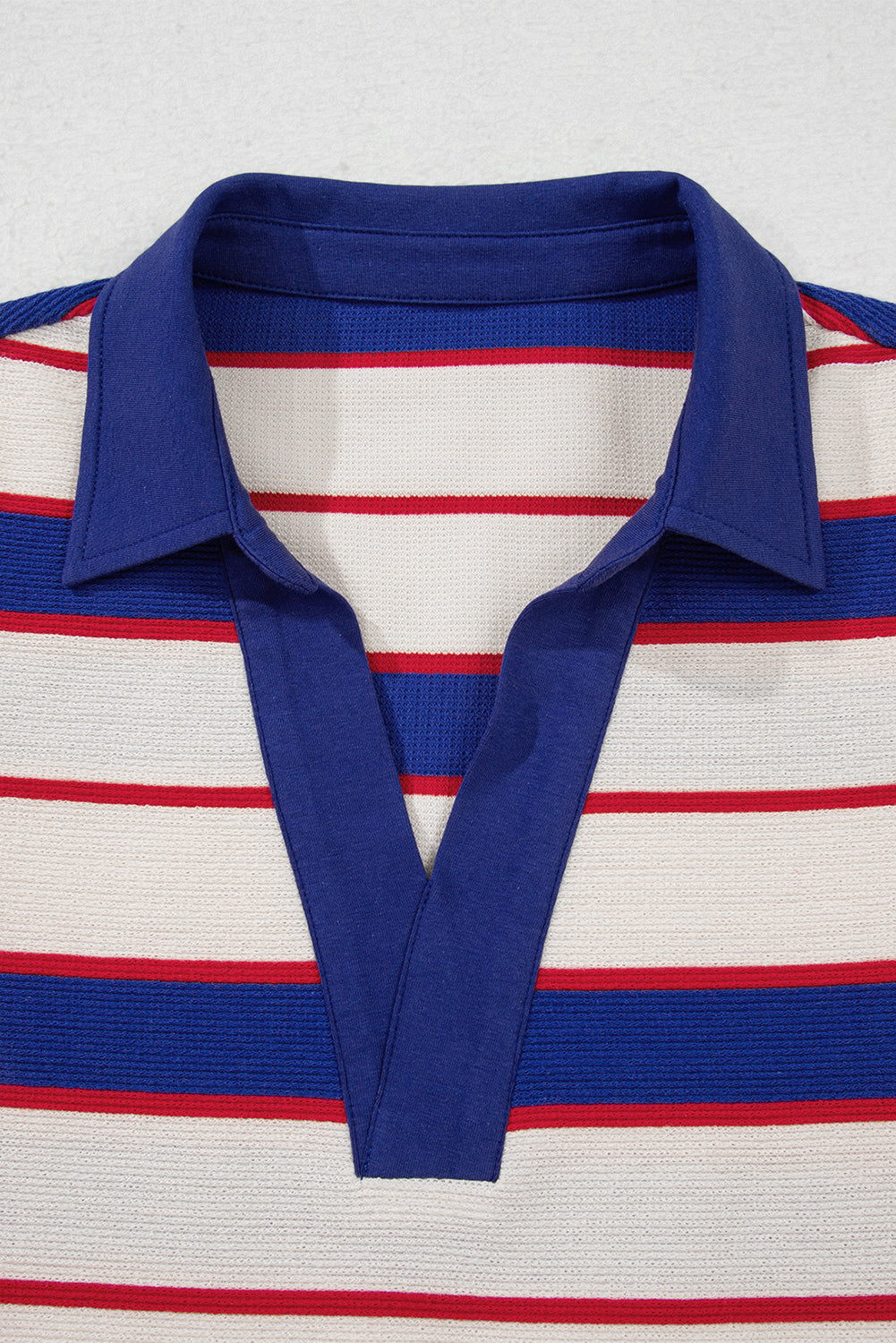 Blue Stripe Colorblock V Neck Collared Sweatshirt b8c26c658164ace1