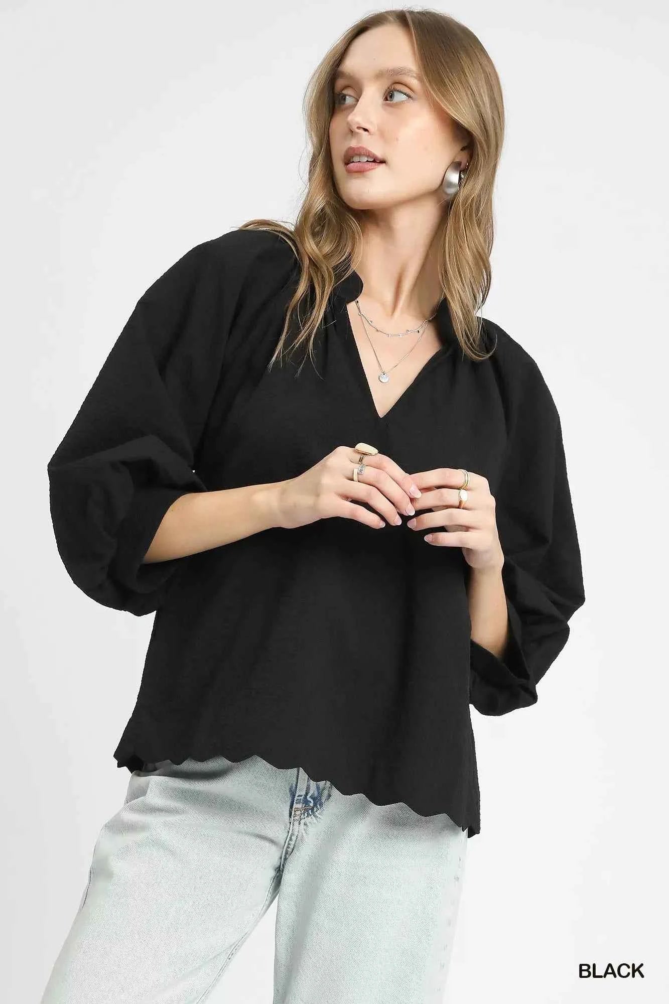 Umgee Full Size Textured Notched Balloon Sleeve Blouse Plus Size Black b8ce9edb-32e8-44be-a73f-25979728e5ca-Max-Origin
