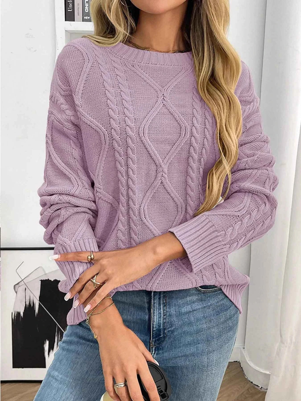 Cable Knit Round Neck Long Sleeve Sweater Lavender b8d2f0e927b44c10a2d8d88112aa35a1-Max-Origin
