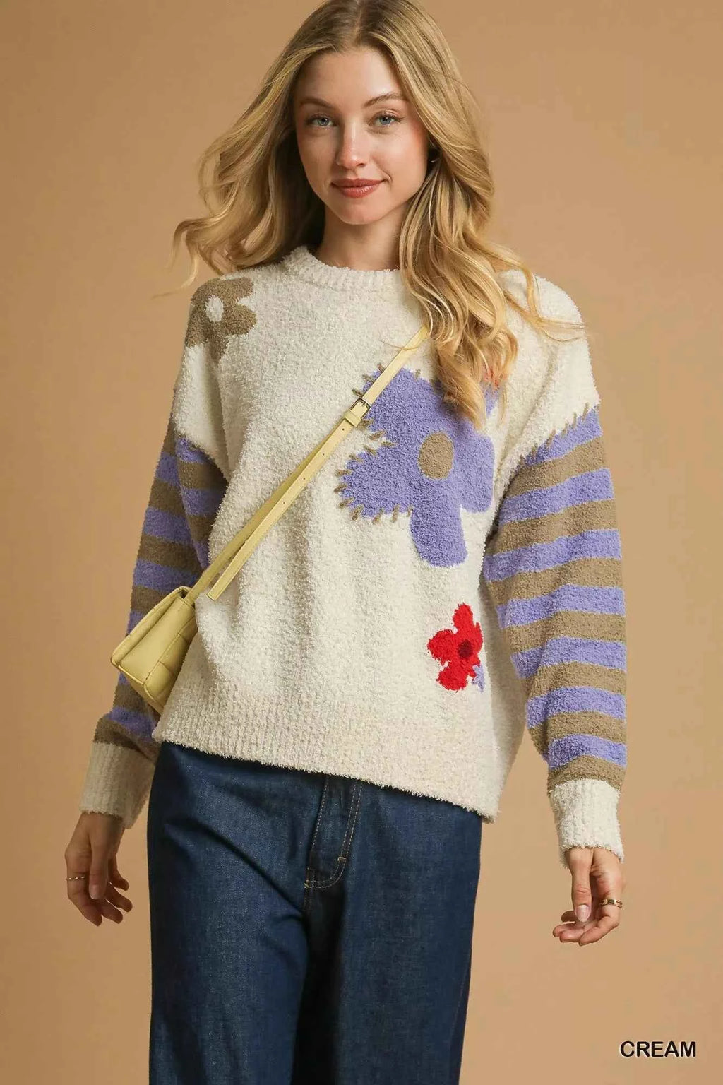 Umgee Flower Jacquard Striped Long Sleeve Sweater Cream b8e9334e-af33-43bd-ac41-52f79280ee1c-Max-Origin
