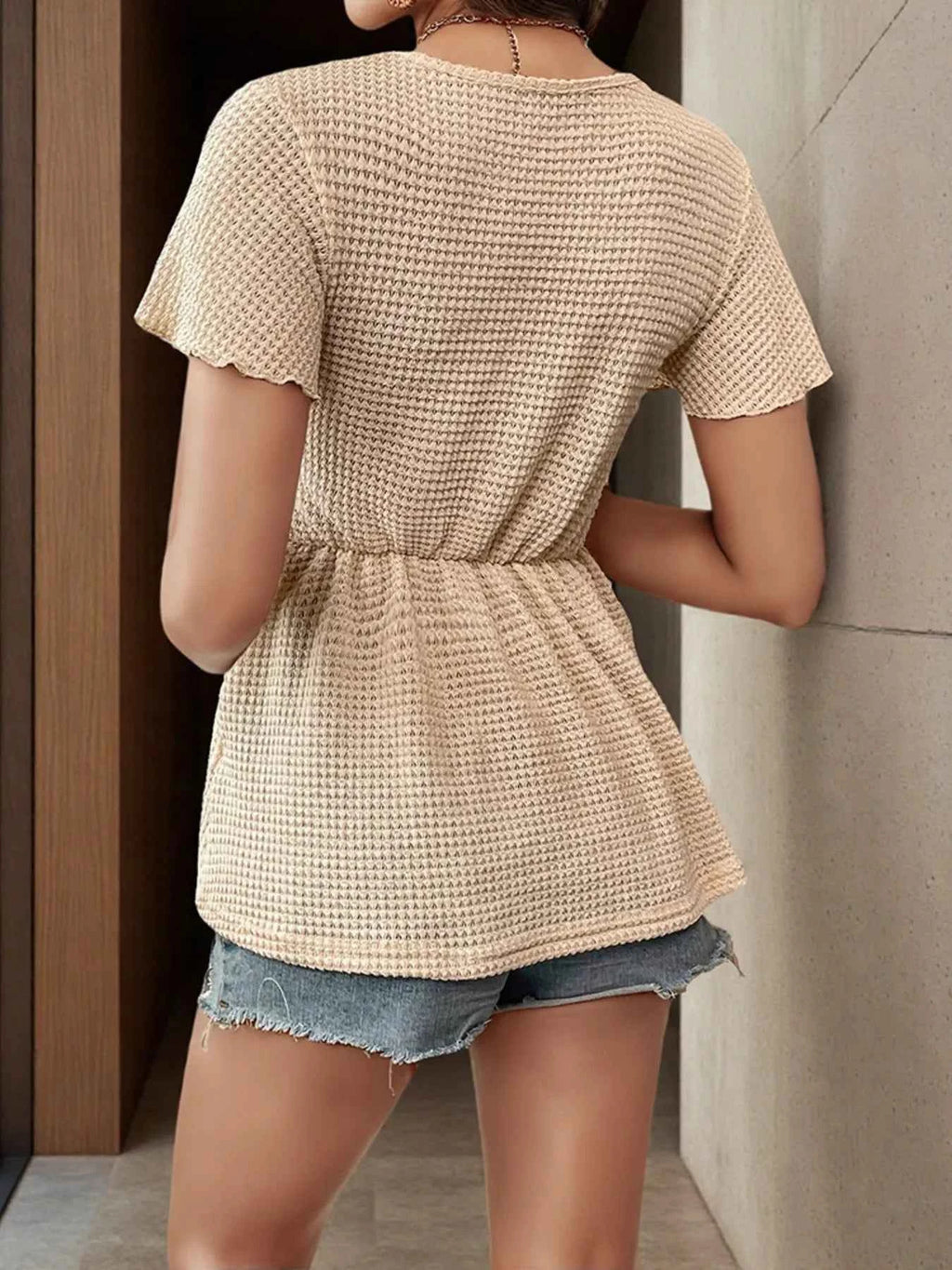 Waffle Knit V-Neck T-Shirt with Lace Trim Detail b8ee396aa0474fb49b1454a66ad659a8-Max-Origin