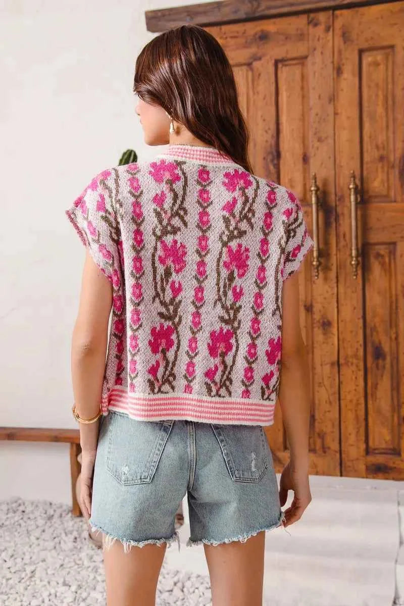 SO ME Button Front Floral and Stripe Knitted Sweater Vest b8fe598abe2f4d3fb5696142d1306928-Max-Origin