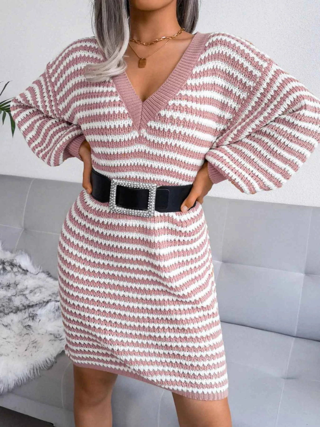 Striped V-Neck Long Sleeve Sweater Dress b9172384-d071-4619-8940-52f5dd065911-Max-Origin