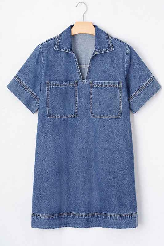 Solid Denim Collared Patch Pocket Mini Dress b91d4bfa-941b-40e7-acd1-c039ded613ef