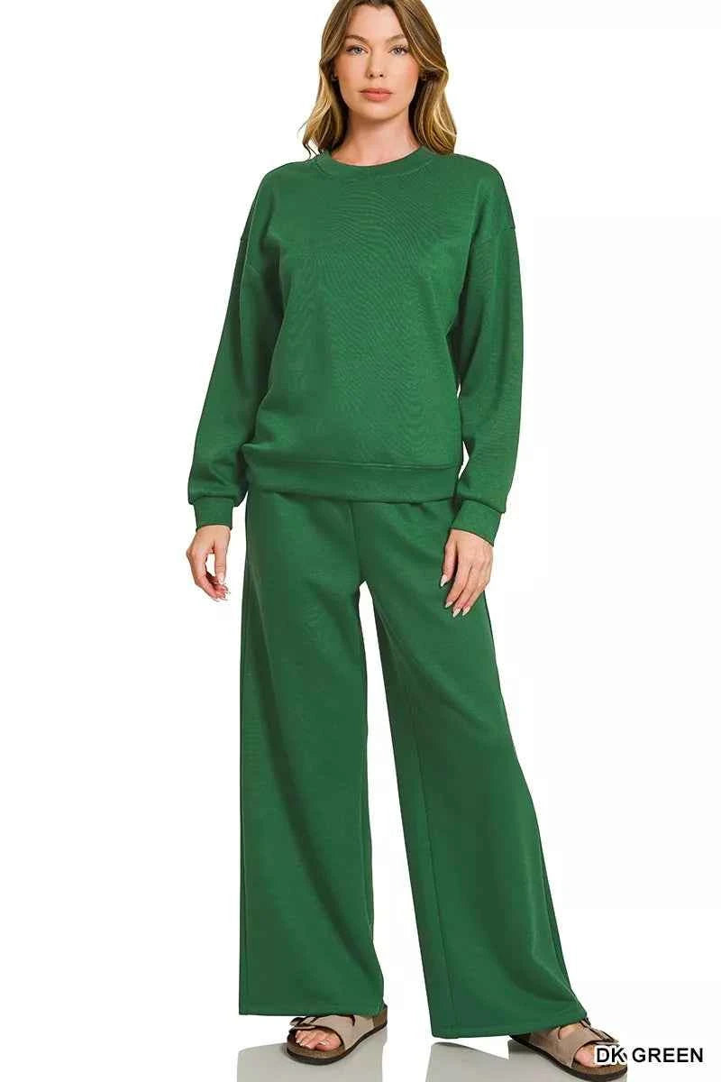 Zenana Scuba Crewneck Pullover and Pants Set DK GREEN b921bf2c193846b2b40ddda5292a1a30-Max-Origin
