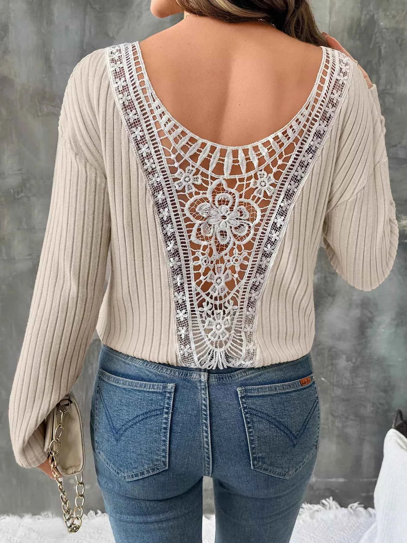 Lace Detail Ribbed Knit Long Sleeve T-Shirt b93970a5535b4658ae0ad96141f4715f-Max-Origin
