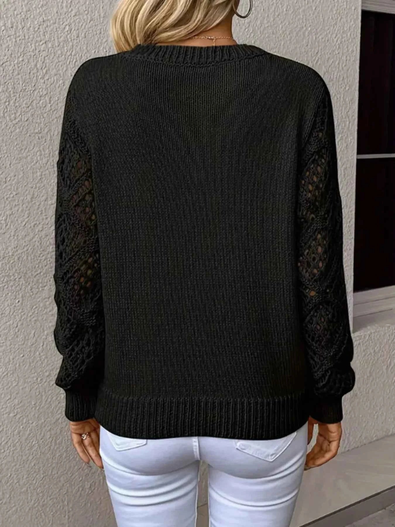 Openwork V-Neck Long Sleeve Sweater b93c9bb404dd48f590bb87dddb58dc3c-Max-Origin