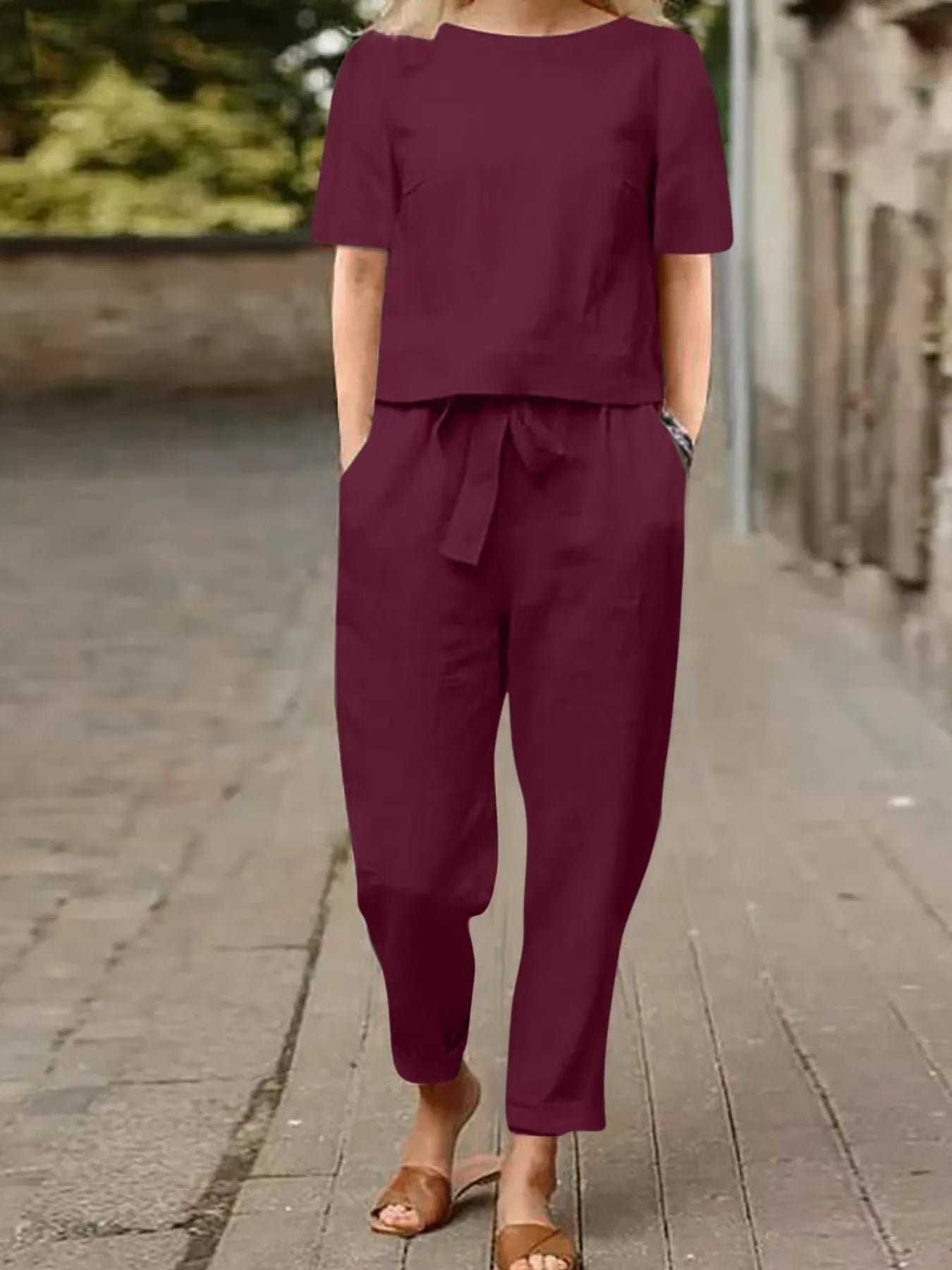 Full Size Round Neck Short Sleeve Top and Pants Set Plus Size Burgundy b93f7166-4a78-4335-aca8-2e7241eac11d-Max-Origin