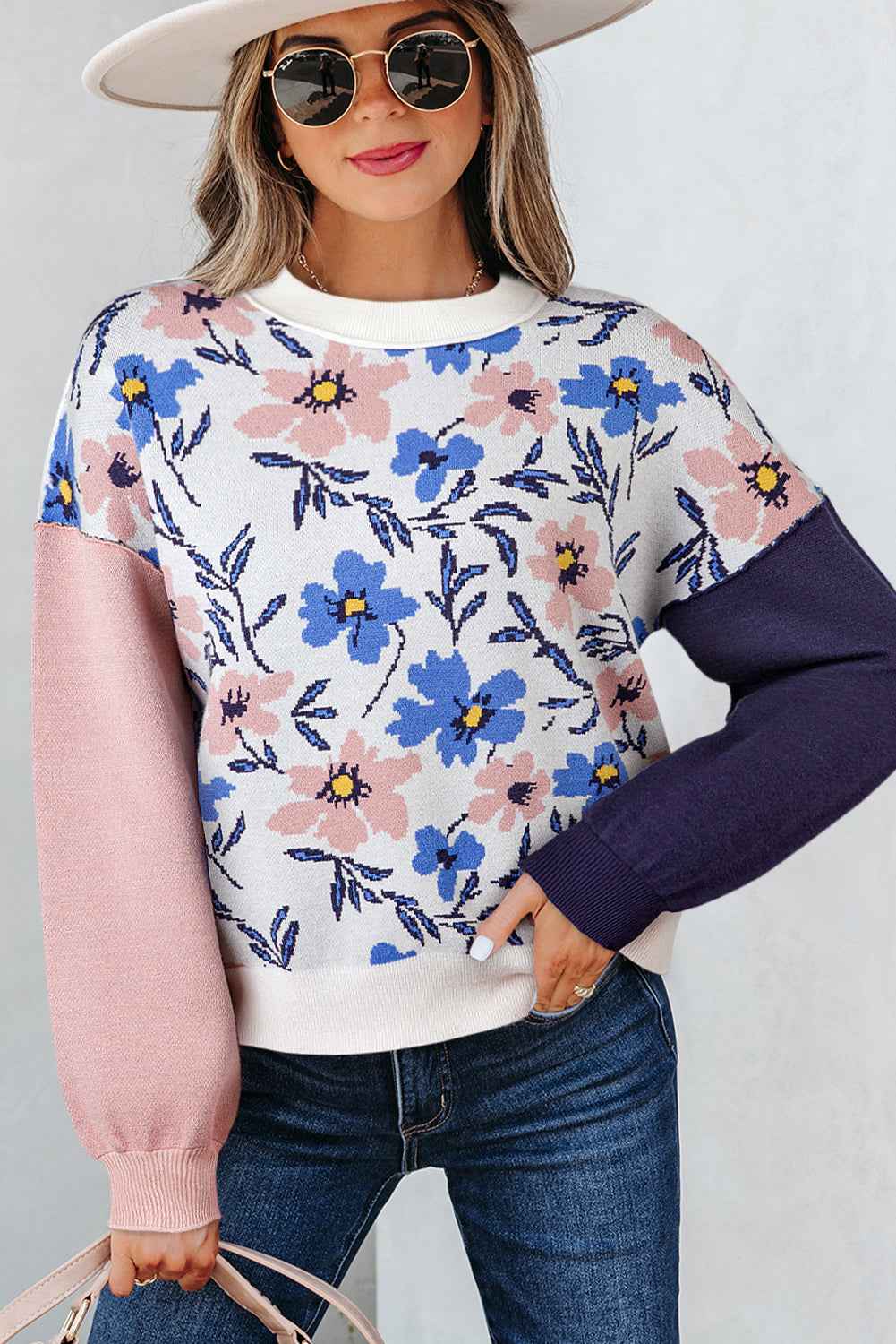 Khaki Vibrant Floral Contrast Colorblock Sleeve Pullover Sweater b949bcce119f9cbd