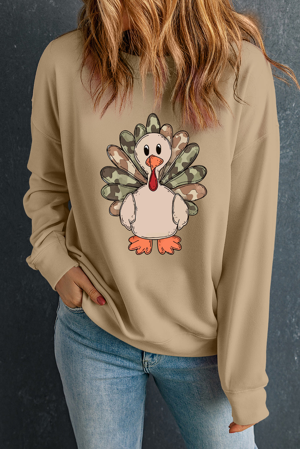 Khaki Camouflage Turkey Heat Transfer Printing Graphic Sweatshirt b94e965e6c1104d2