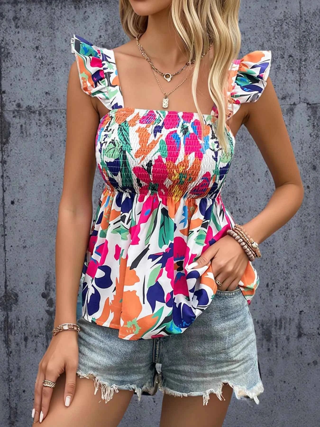 Smocked Printed Ruffled Blouse b9648f824b1545838cbccb2ac3ee6245-Max-Origin