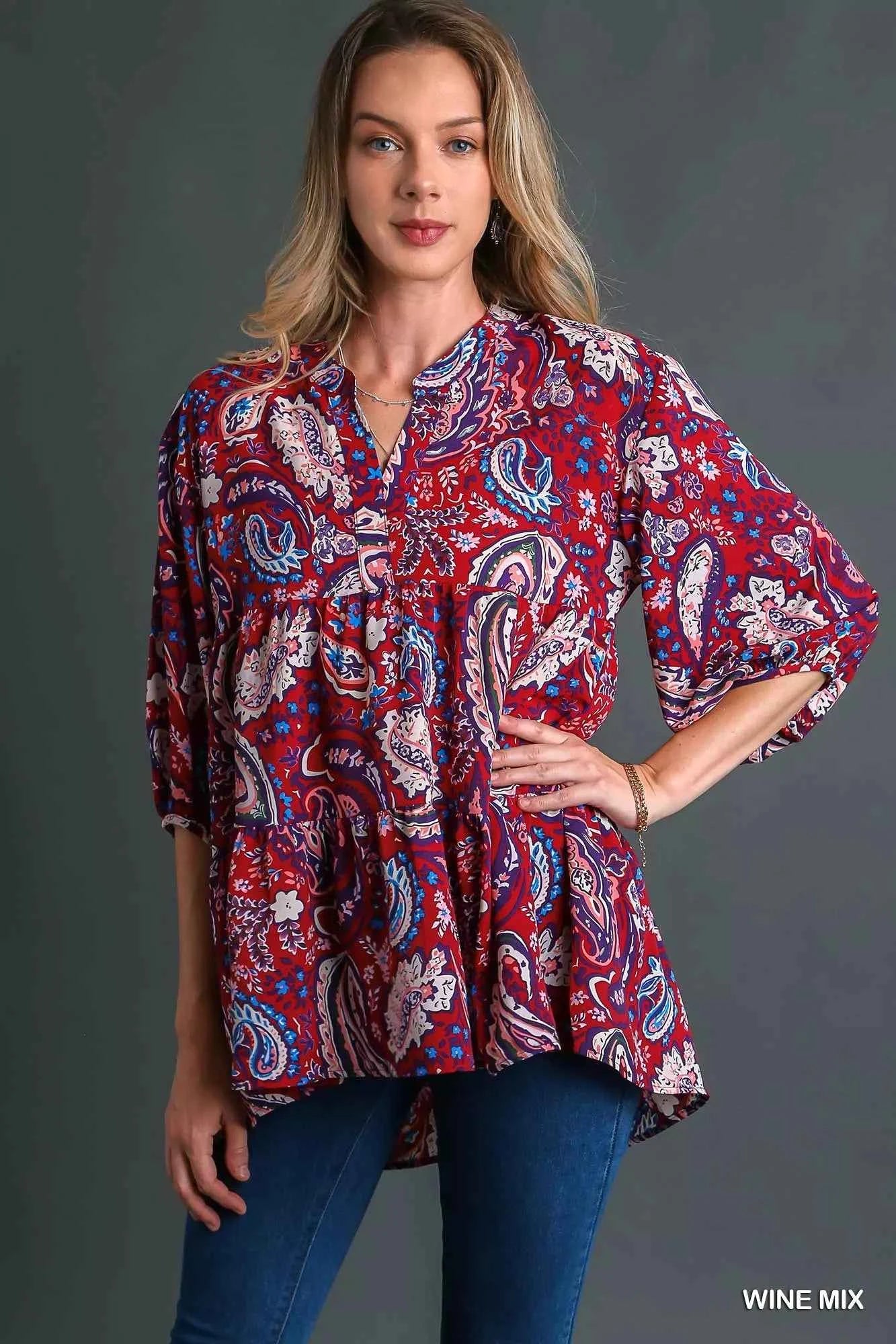 Umgee Mix Paisley Boho Tunic Blouse WINE MIX b96815cc-8a64-4031-82c1-b1636ac4a2e8-Max-Origin
