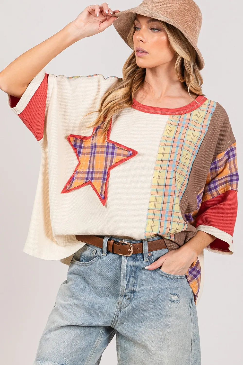 SAGE + FIG Round Neck Plaid Star Patch T-Shirt Berry b96c42c9-8a22-4faa-8633-85dfb549b0e7-Max