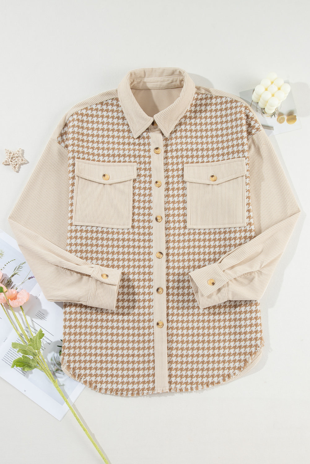 Parchment Houndstooth Corduroy Patchwork Flap Pocket Shacket b98ba780193e03c7