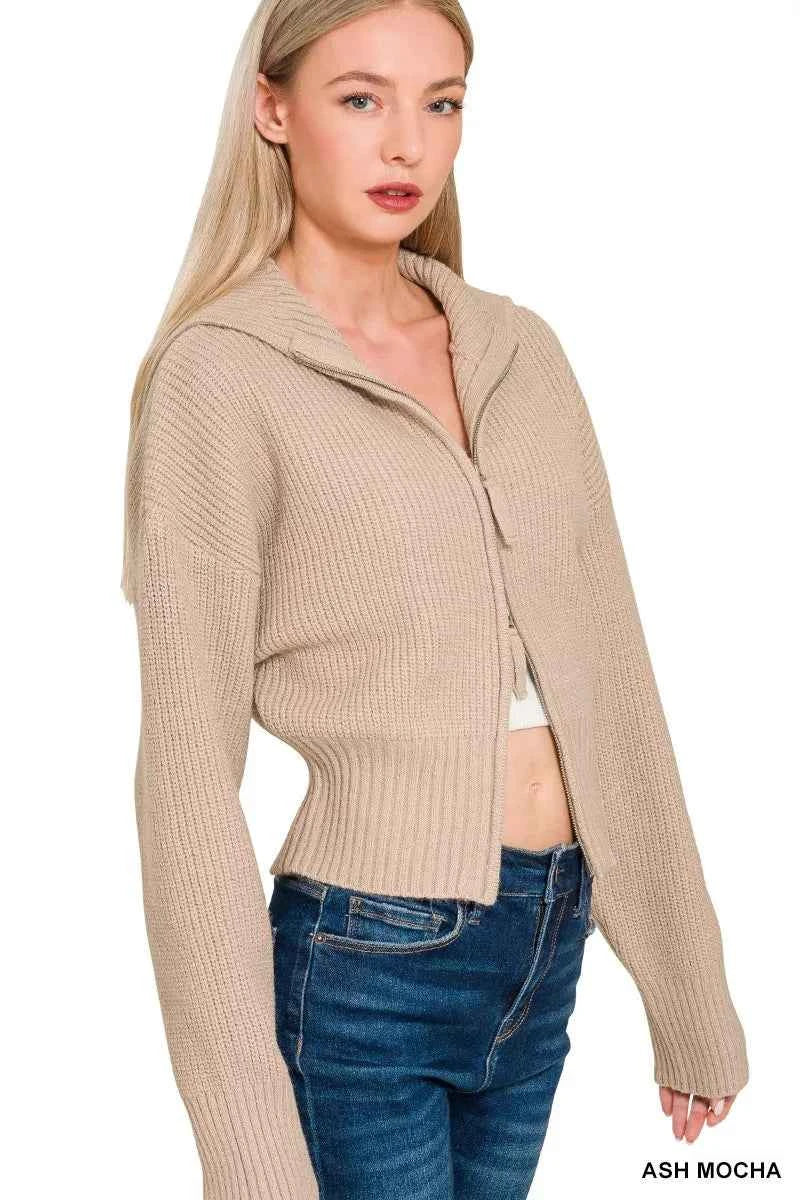 Zenana Ribbed Collared Zip Up Sweater Cardigan b99b872f53cc490aabbbff3690cbb994-Max-Origin
