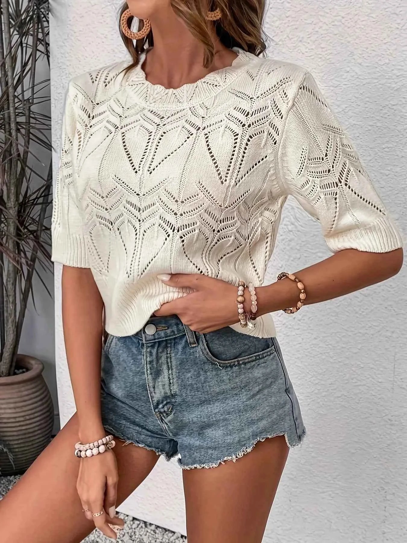 Openwork Round Neck Half Sleeve Sweater Apricot b9a00d03b83d4abb863a5eb2c6c5a154-Max-Origin