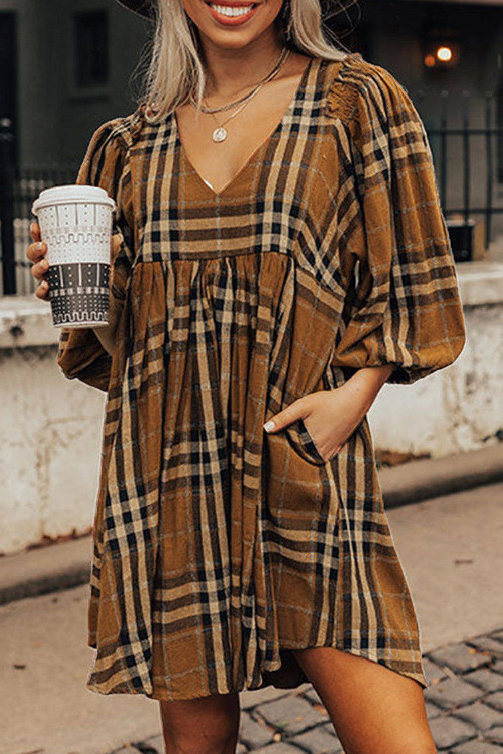 Brown Plaid Pattern Empire Waist Babydoll Dress b9a236fc84d82e49