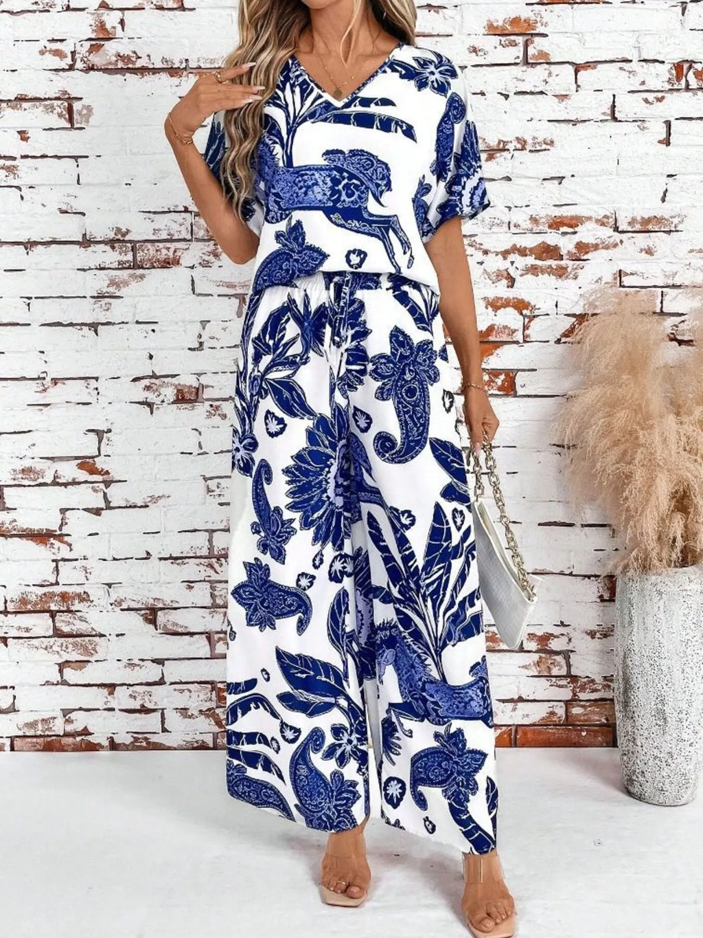 Printed V-Neck Top and Wide Leg Pants Set b9b3f286c5534194b810de459ef37c19-Max-Origin