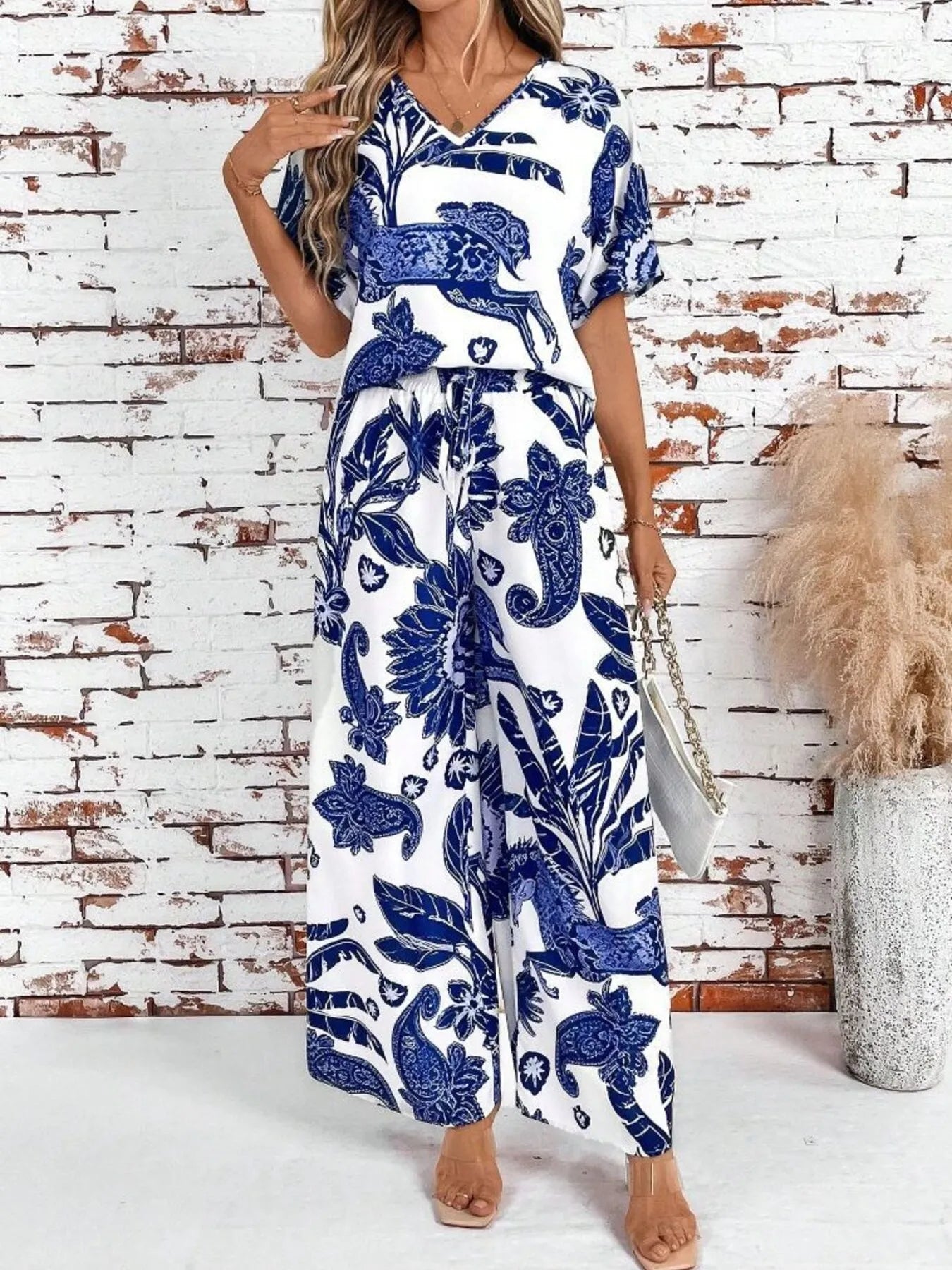 Printed V-Neck Top and Wide Leg Pants Set b9b3f286c5534194b810de459ef37c19-Max-Origin