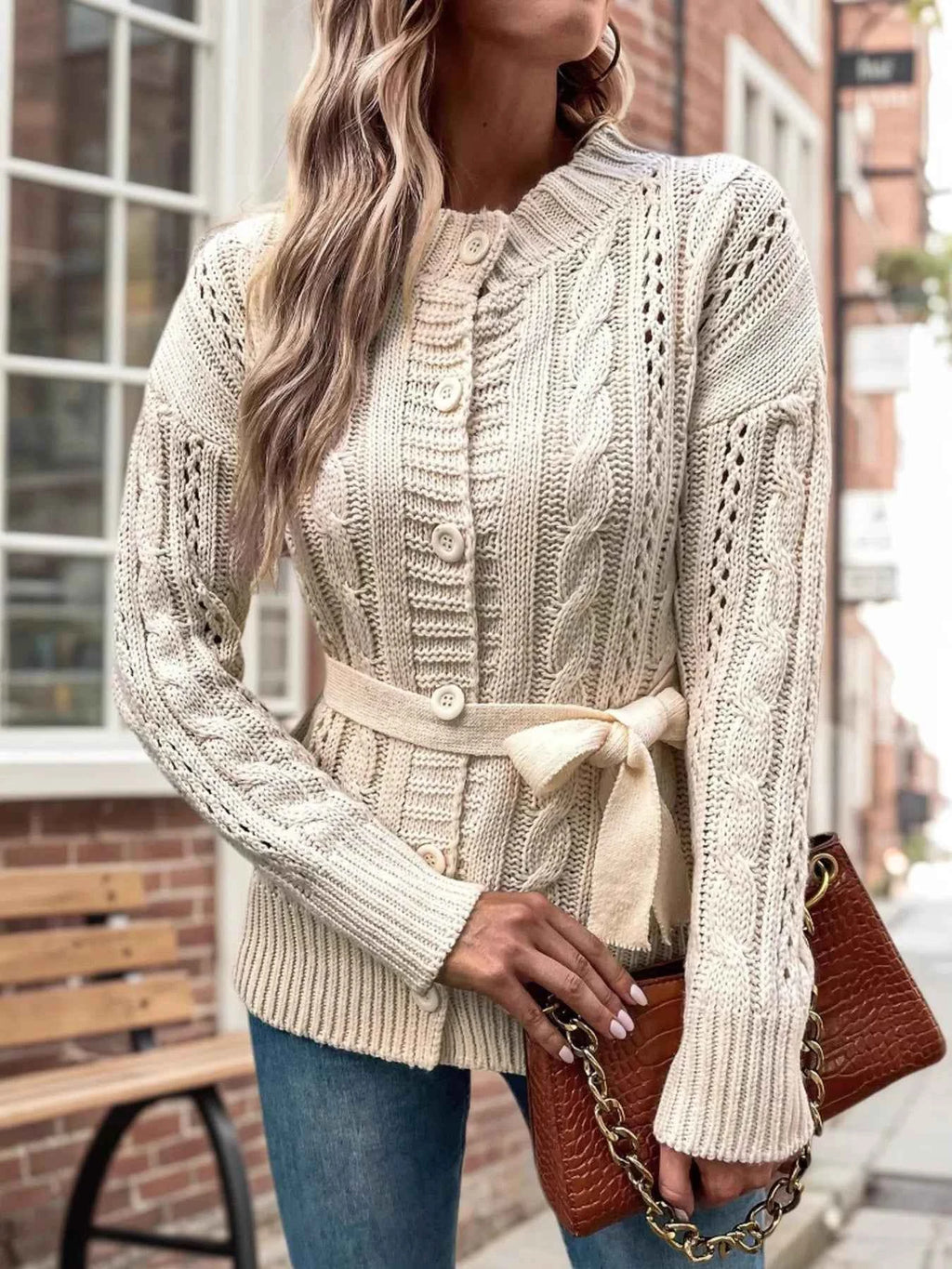 Cable Knit Belted Cardigan with Button Front Beige b9ba80248ace4cd8ab2e3b0445eb8c1d-Max-Origin