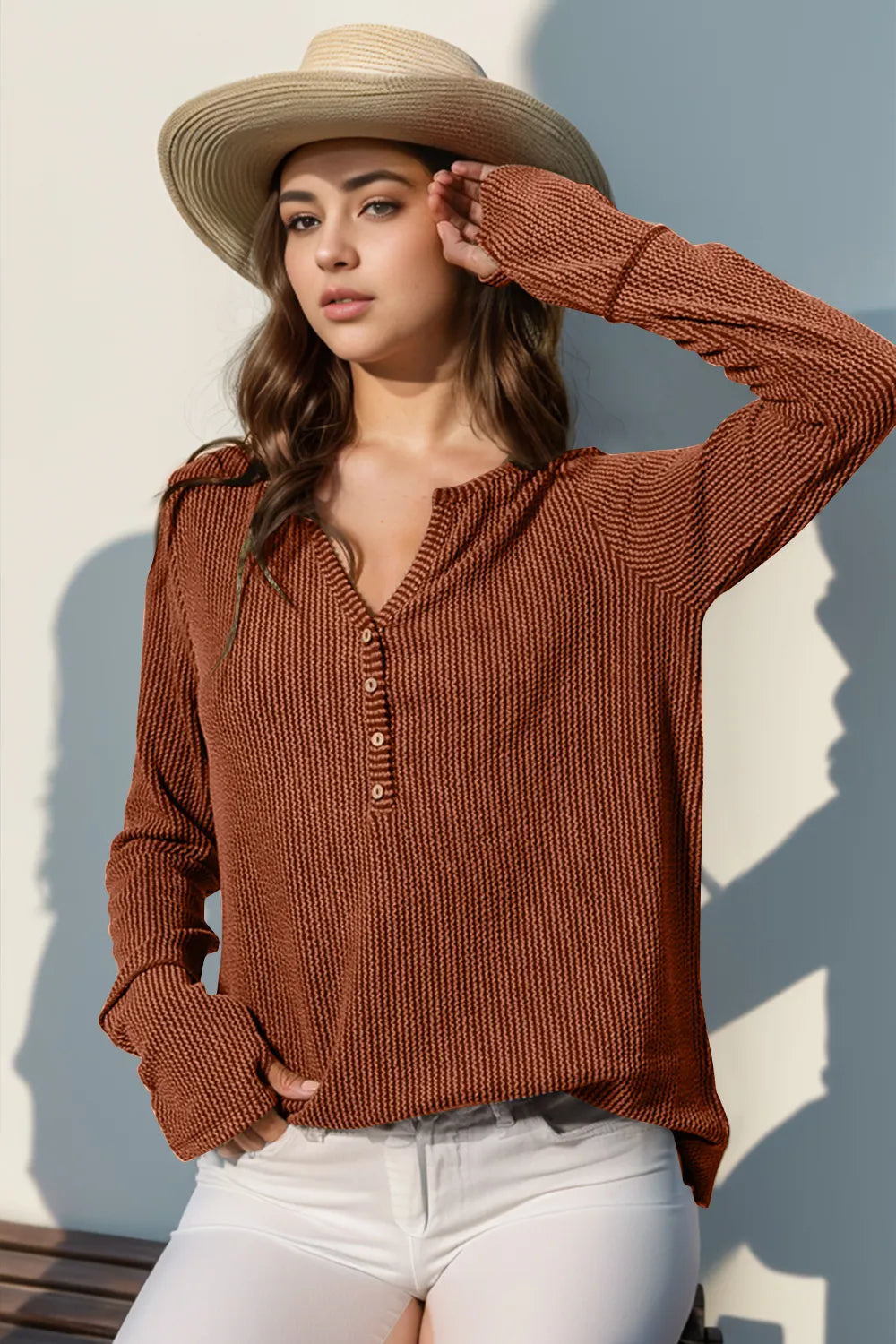 Double Take Full Size Notched Thumbhole Long Sleeve T-Shirt Caramel b9bc1ccd-bdf3-4090-a0fd-aec3bdf5f254-Max