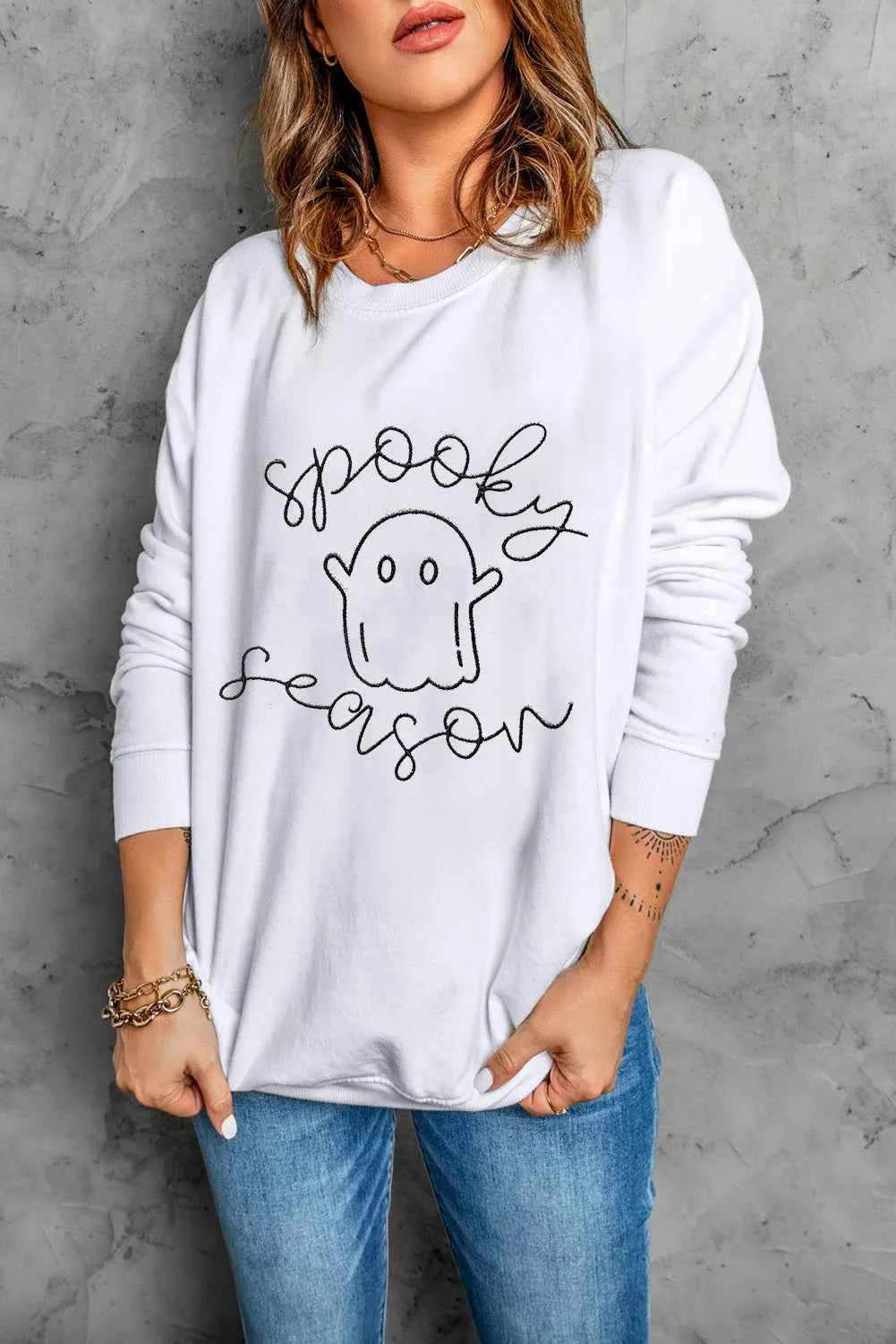 Ghost Graphic Long Sleeve Dropped Shoulder Sweatshirt White b9c03956-7b10-487d-9d37-e93f5f1e794e-Max