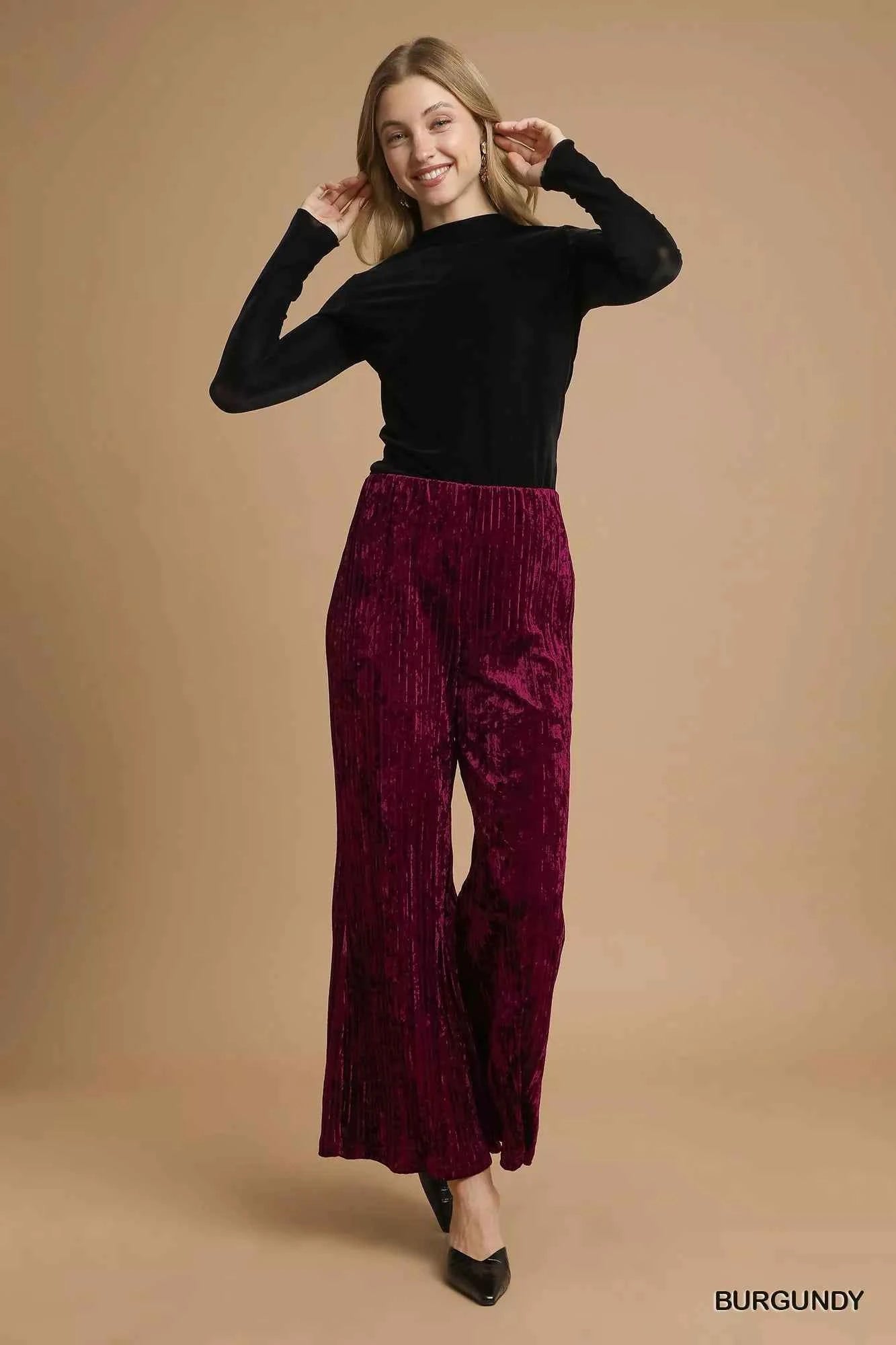 Umgee Velvet Pleated Wide Leg Pants b9c3195f-b5ff-4ea5-9300-ef235072d4f5-Max-Origin