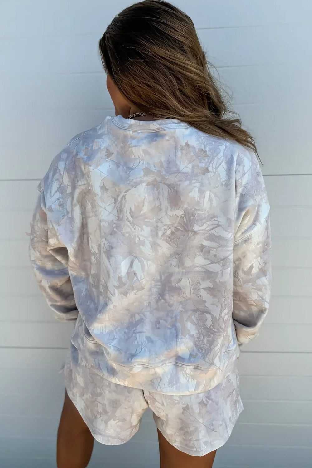 Beige Abstract Maple Leaf Print Long Sleeve Top Elastic Waist Shorts Set b9cc0210ed0c4115