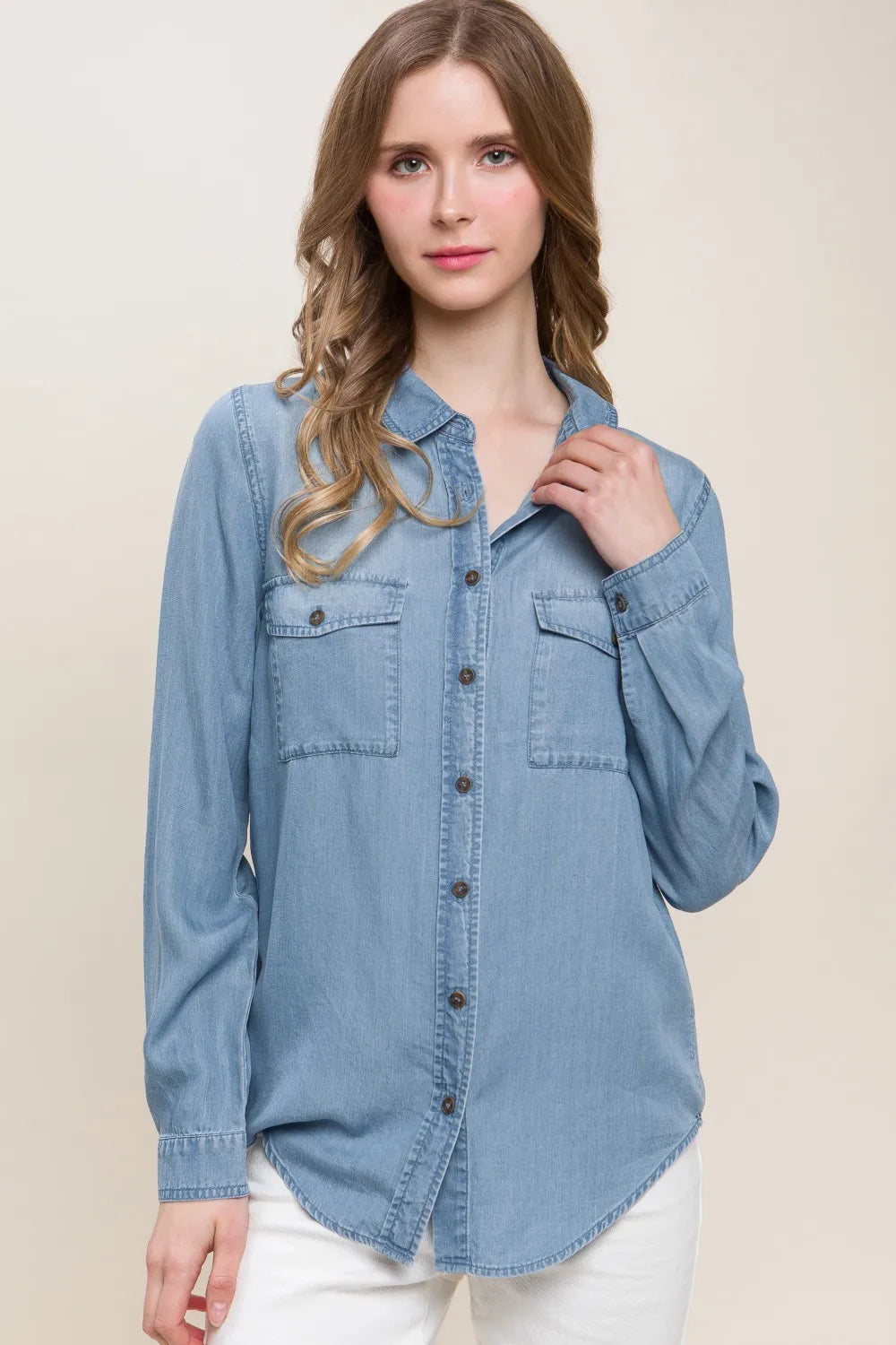 Love Tree Scooped Hem Button Up Denim Shirt Blue b9d3dcd3-f4a9-4305-97a7-dd32b679e432-Max