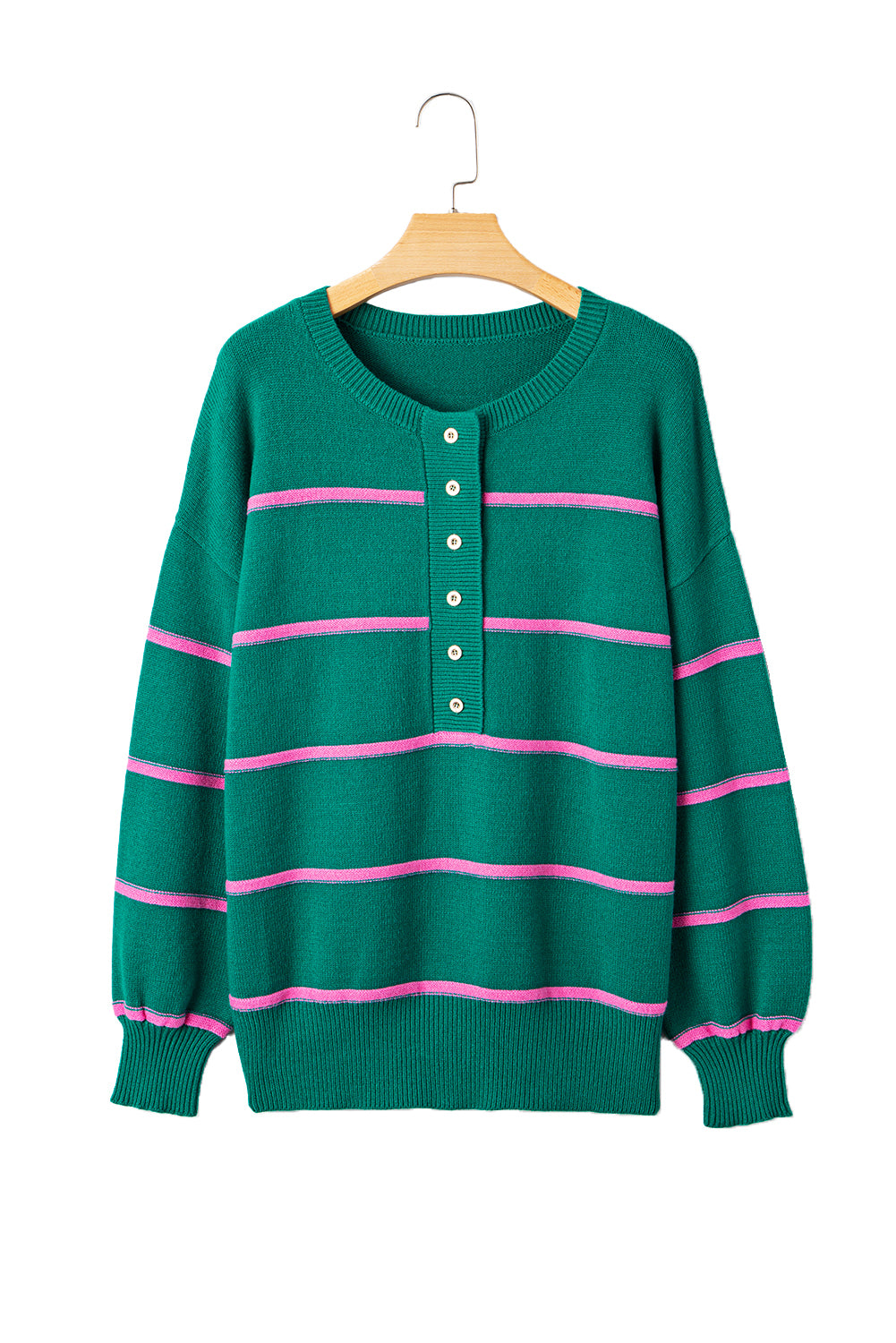 Green Striped Half Button Drop Shoulder Oversized Sweater b9d5b20894445f6a