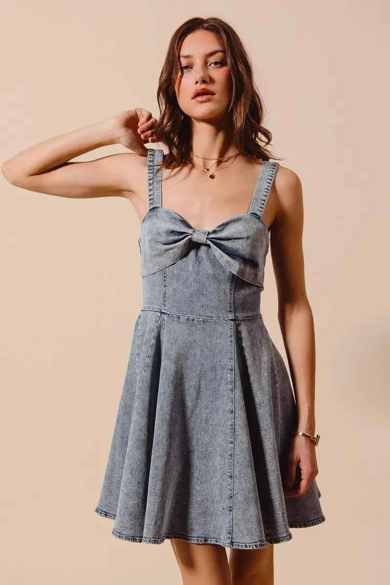 SO ME Mineral Washed Bow Ribbon Denim Flare Dress b9db11701d60430ead420561eebe035e-Max-Origin