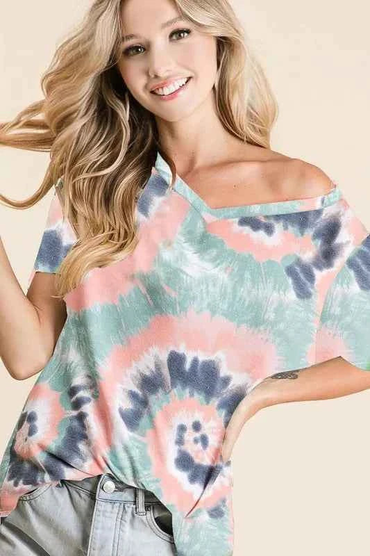 BiBi Tie Dye Print Terry V Neck Short Sleeve Top BLUSH MULTI b9ed44f72f724ca8be647c04b1df5d24-Max-Origin