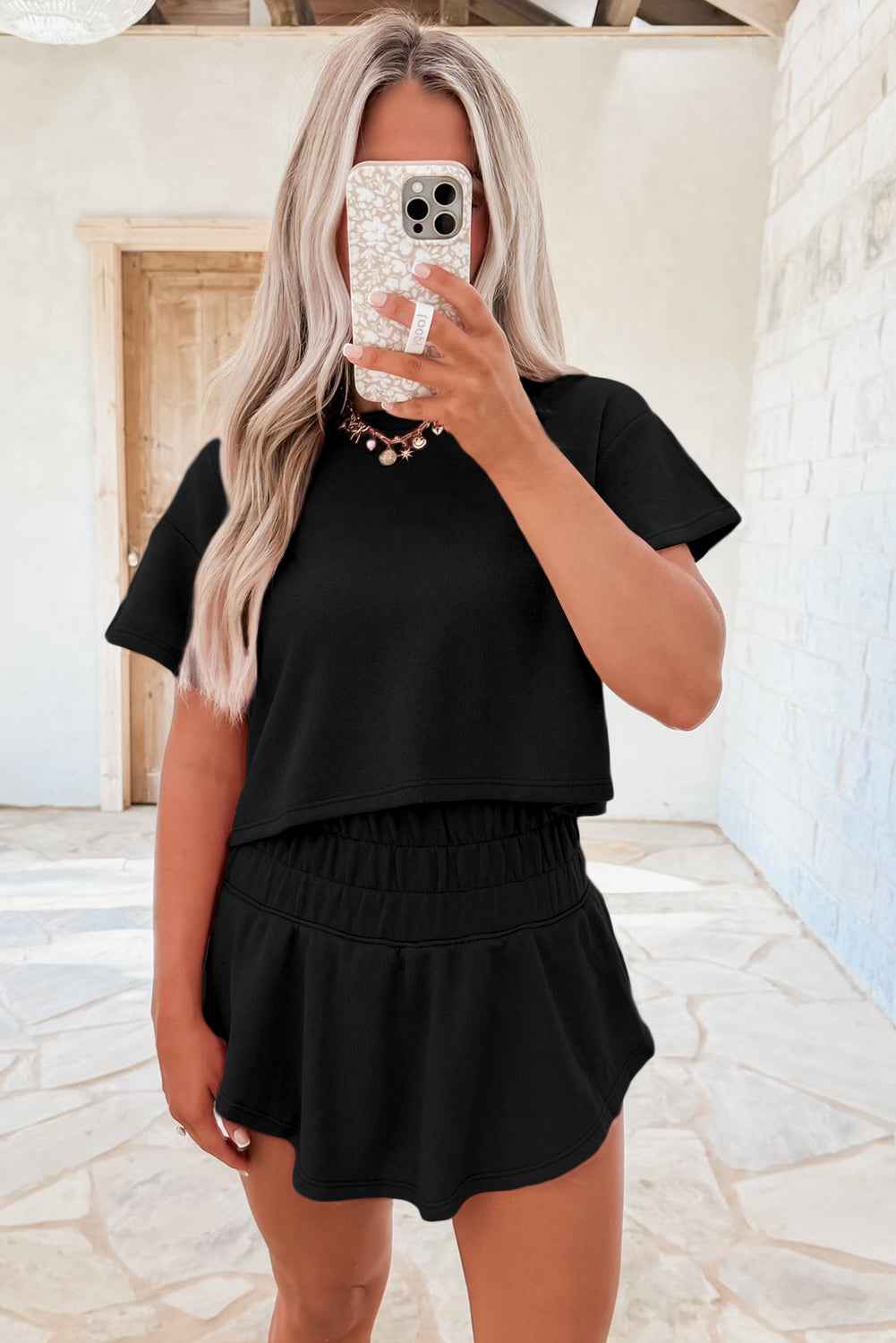 Black Cropped Tee and Ruffle High Waist Skort Set b9f19a6a5ceb1d50