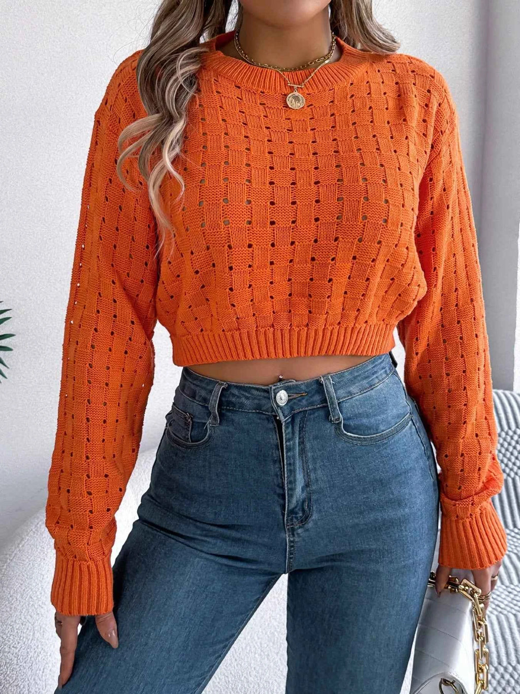 Cutout Back Openwork Round Neck Long Sleeve Sweater ba07ad7e-278d-4176-b8a3-4434fc881f78-Max-Origin