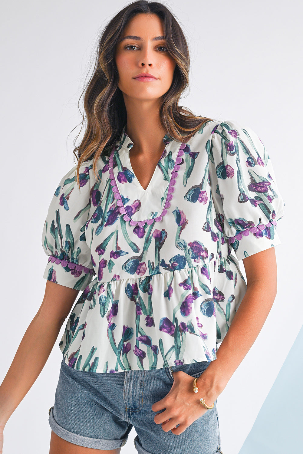 Purple Floral Ricrac Trim Puff Sleeve Peplum Blouse ba093f9a433954fd