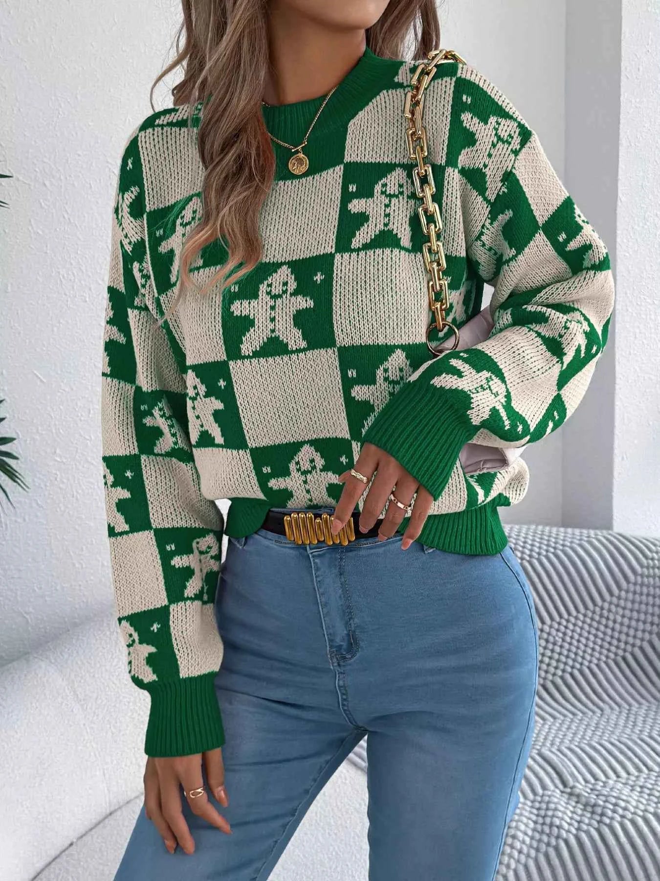 Christmas Checkerboard Gingerbread Round Neck Sweater Green ba0d5a9a-a61c-4d78-833b-aa87e9e19ec8-Max-Origin