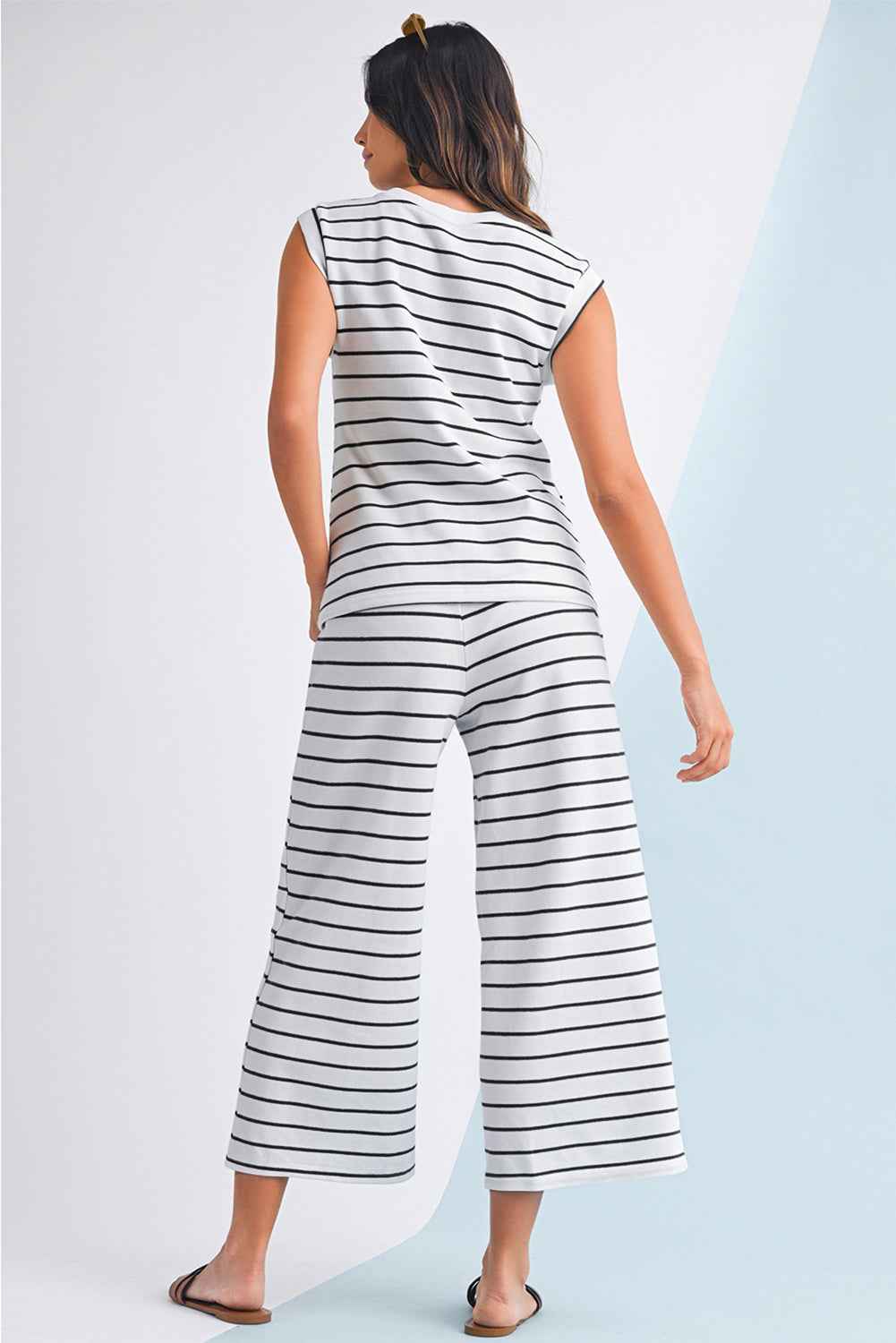 Sail Blue Casual Striped Tee and Wide Leg Pants Set ba174537fdc7147d