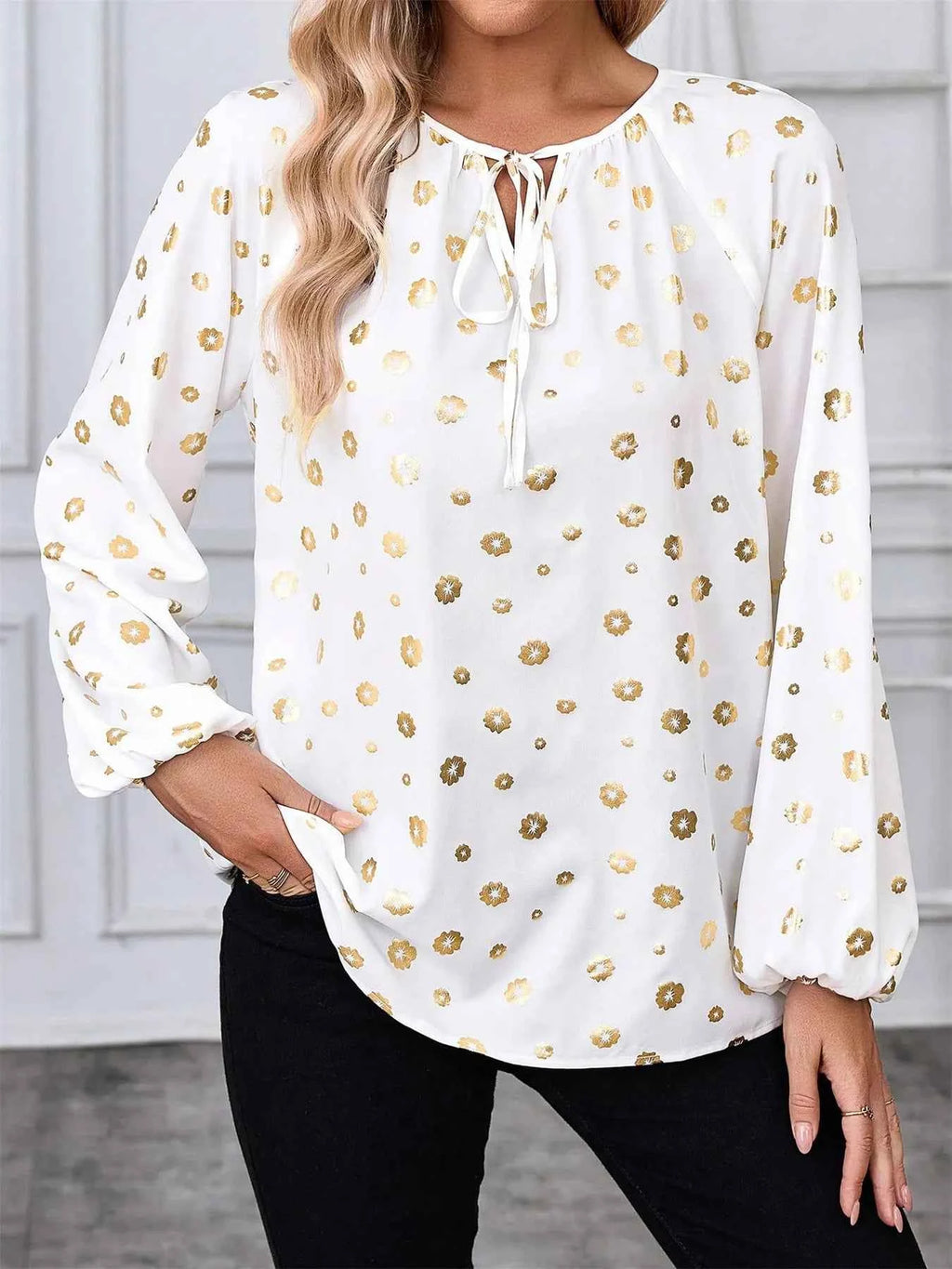 Printed Tie Neck Long Sleeve Blouse ba1b304e601a4e17a98754370485fd2d-Max-Origin