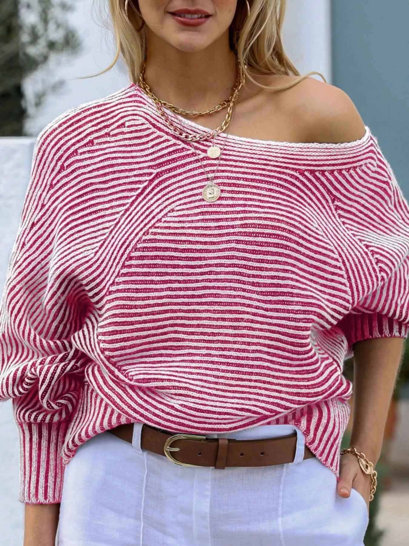 Striped Boat Neck Casual Sweater ba297e47-6226-4477-936f-53cb459b2ced-Max-Origin