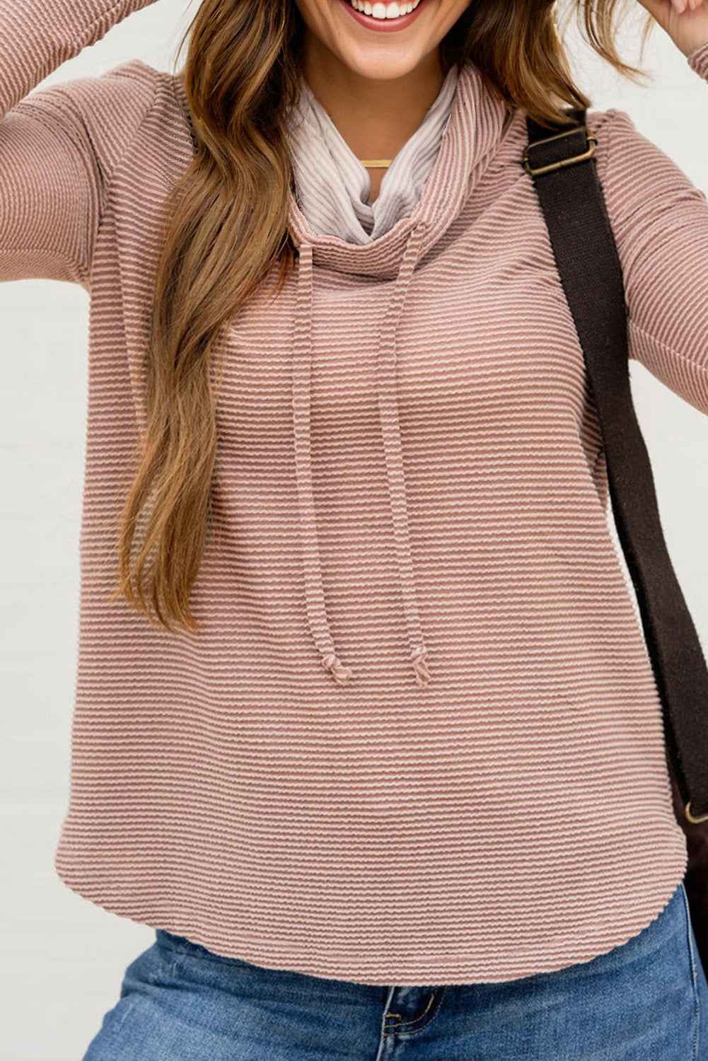 Apricot Pink Horizontal Twist Ribbed Drawstring Cowl Neck Knit Top Apricot Pink 75%Polyester+20%Viscose+5%Elastane ba2b98ea54ff3115