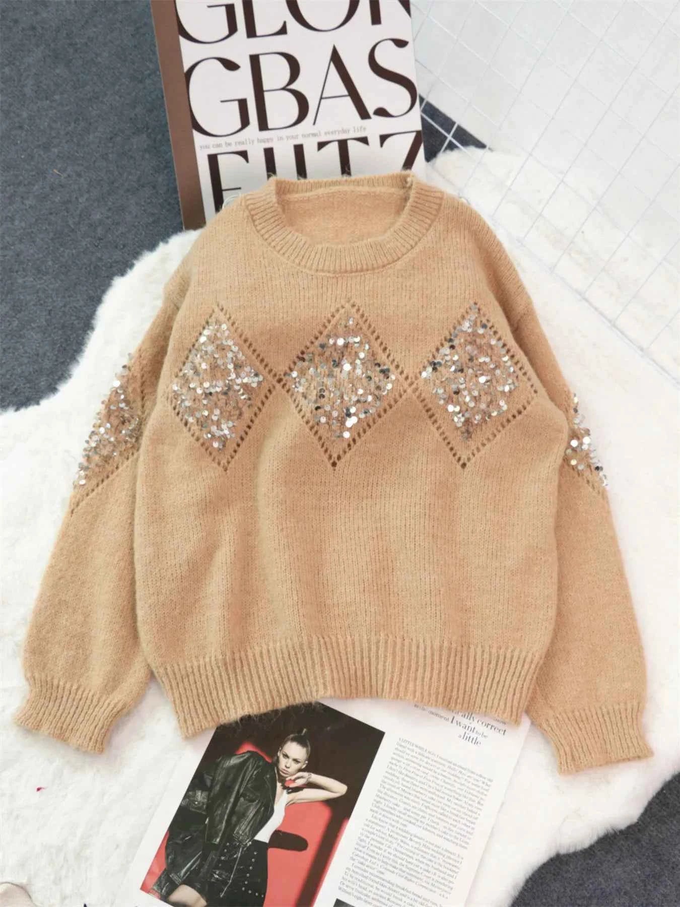 Sequined Diamond Pattern Oversized Sweater Khaki One Size ba3dddcda354437cb07ae437f9f4079d-Max-Origin