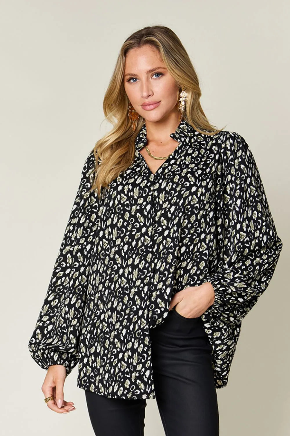 Double Take Full Size Leopard Long Sleeve Blouse Black ba3f57a5-3a12-43dc-8fb3-53117a3d467f-Max