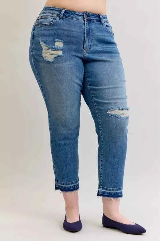 Judy Blue Full Size Mid Rise Bf Patch & Repair Destroy Release Hem Jeans Plus Size ba48104e-4af2-408d-95c0-00efcf54b8d0-Max-Origin