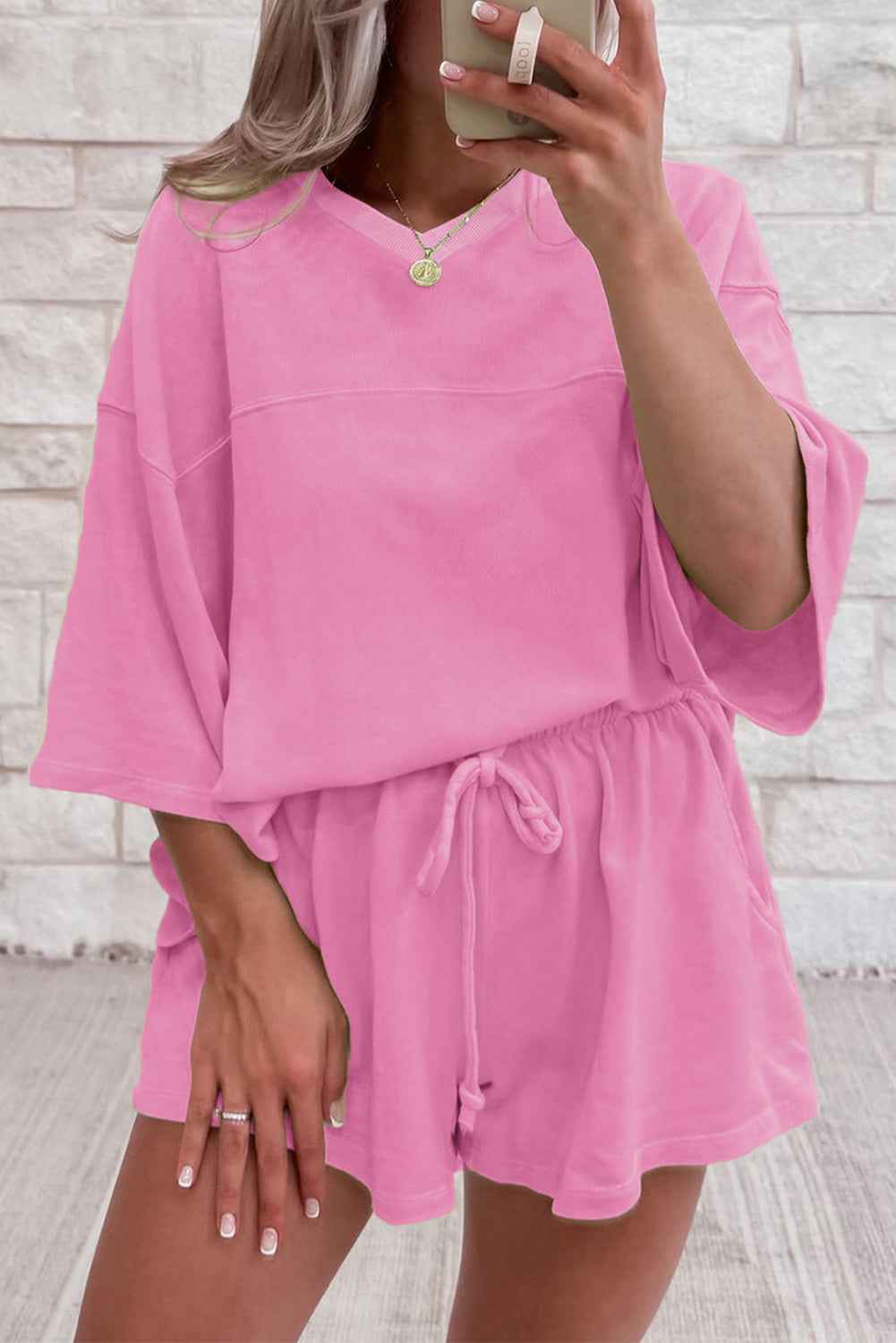 Bonbon Loose V Neck Tee and Drawstring Shorts Set Bonbon ba61da41f44c3881