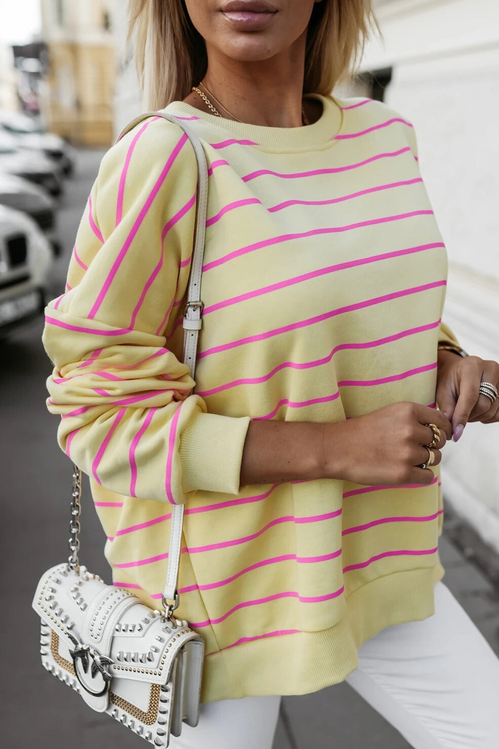 Yellow Striped Overlap Detail Drop Shoulder Pullover Sweatshirt ba638ad226d7a81f
