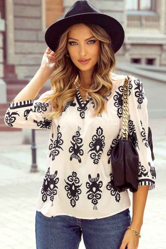 Vintage Geometric Printed V Neck Blouse Orange ba73b19d-090b-4504-8bd3-3a634e795421