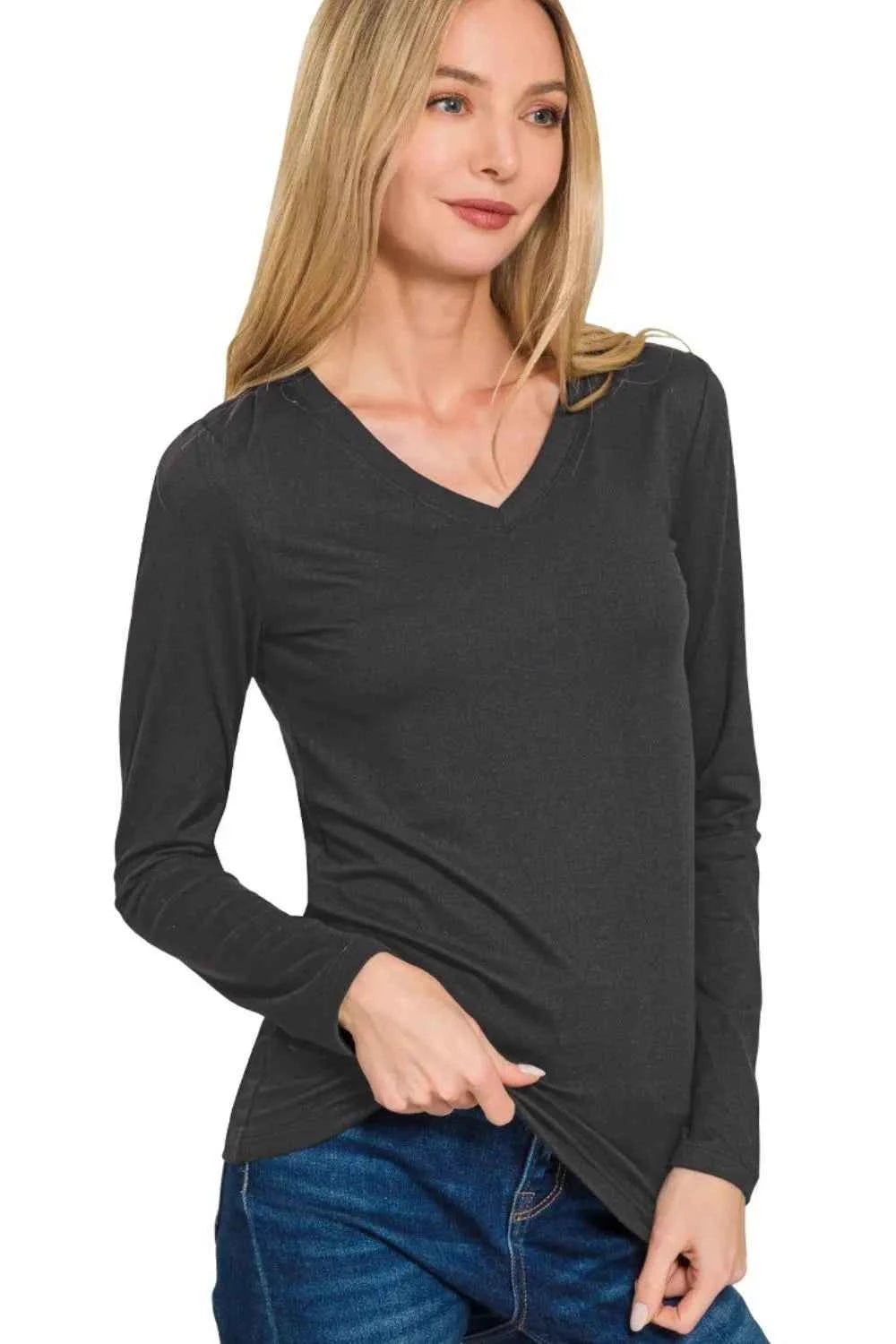 Zenana Brushed Microfiber Long Sleeve V-neck Tee Black ba858b3c-5ea9-4fd2-882b-d32754431d6c-Max-Origin